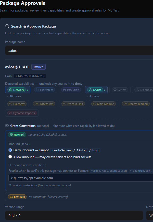 Show trace context, package capability breakdown, approval status, and policy decision UI rather than abstract charts.